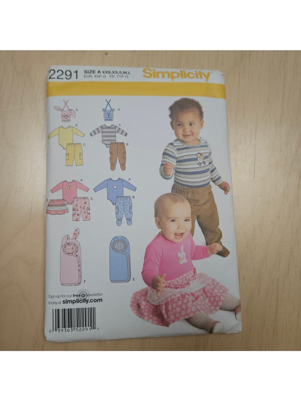 Simplicity 2291 Babies Pants Skirt Bibs Knit Bodysuit One Size Bunting XXS - L